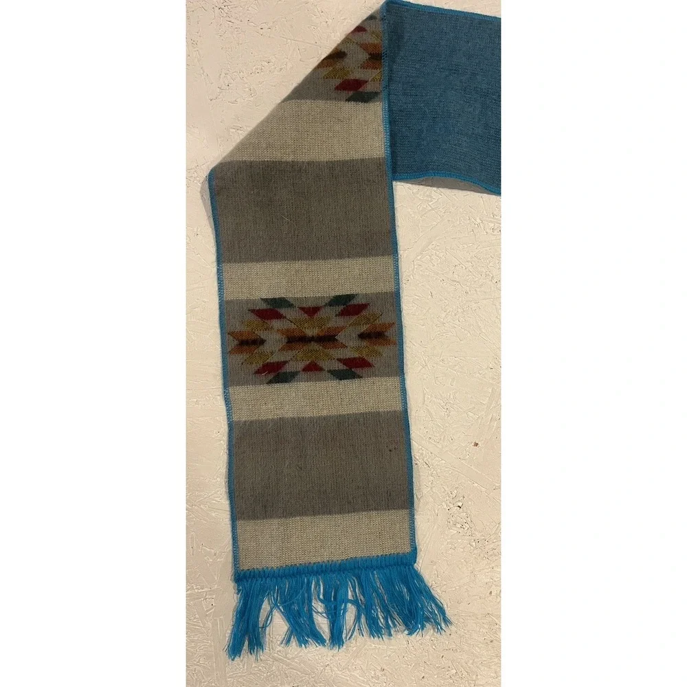 Vintage‎ Wool Aztec Scarf Blue Brown Warm Winter Comfort Native Print Fringe